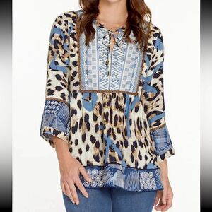 John Mark NWT Women’s Size Medium Blue, Indian Summer Animal Print Tunic Top